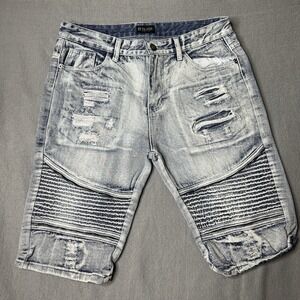 Black Premium Denim Jean Shorts Distressed Cotton Blue Light‎ Stone Wash Mens 34